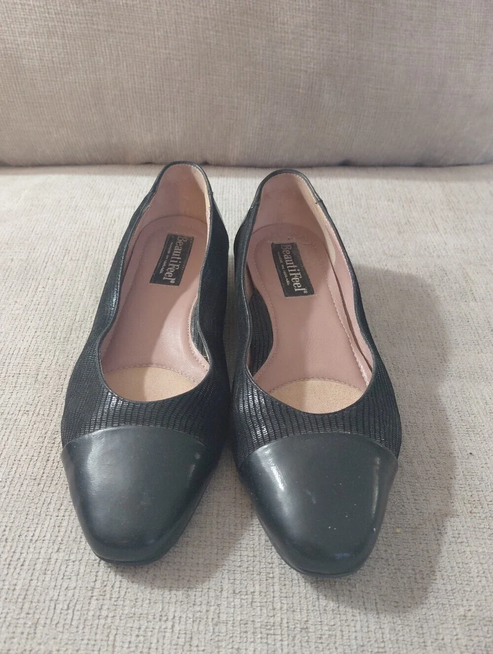 BeautiFeel Rebecca Black Leather Herringbone Cap-Toe Women's Ballet Flats Size 6